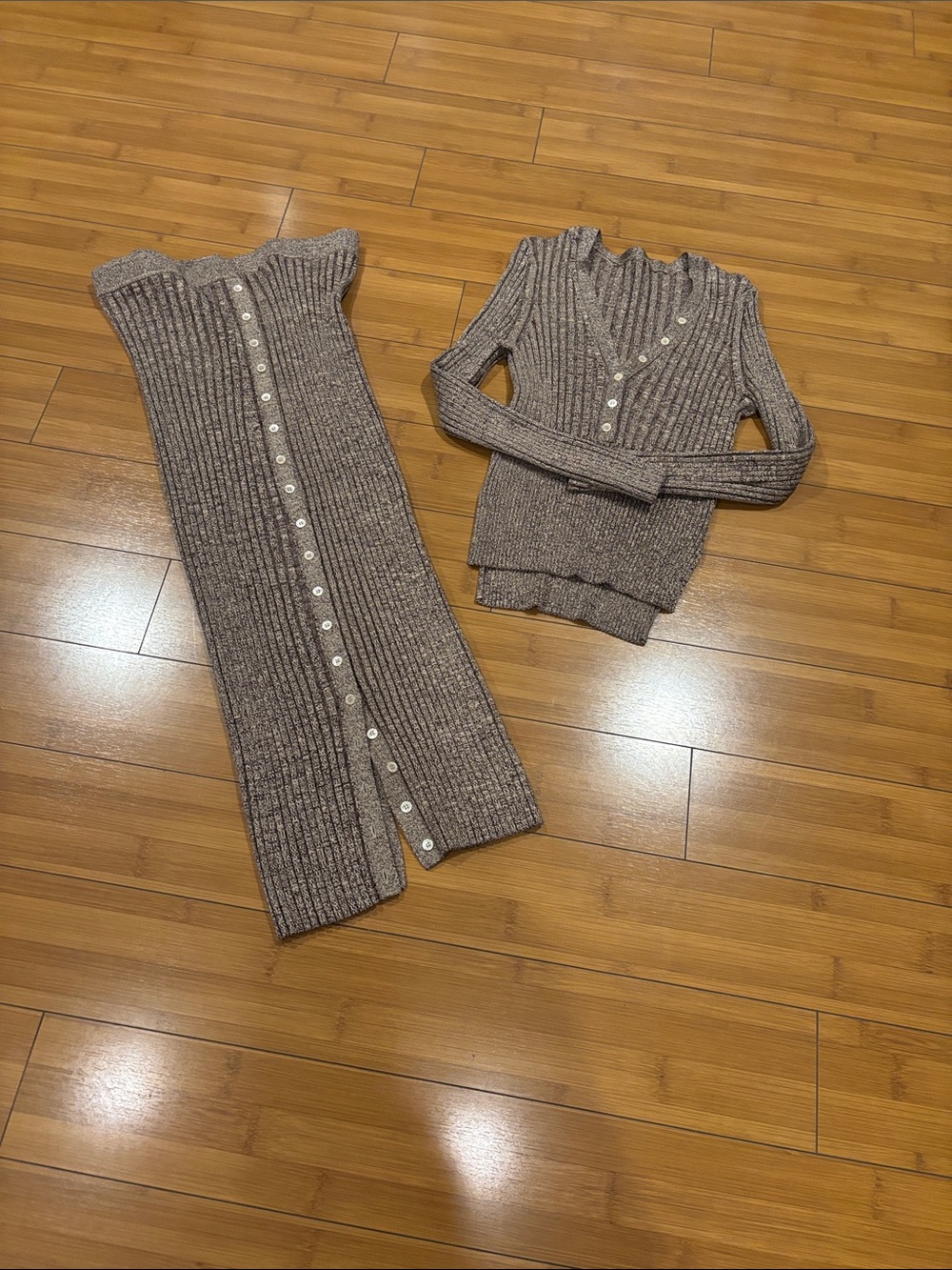 Jonathan Simkhai Two-Piece Ribbed V-Neck Knit Set in Taupe Heather
